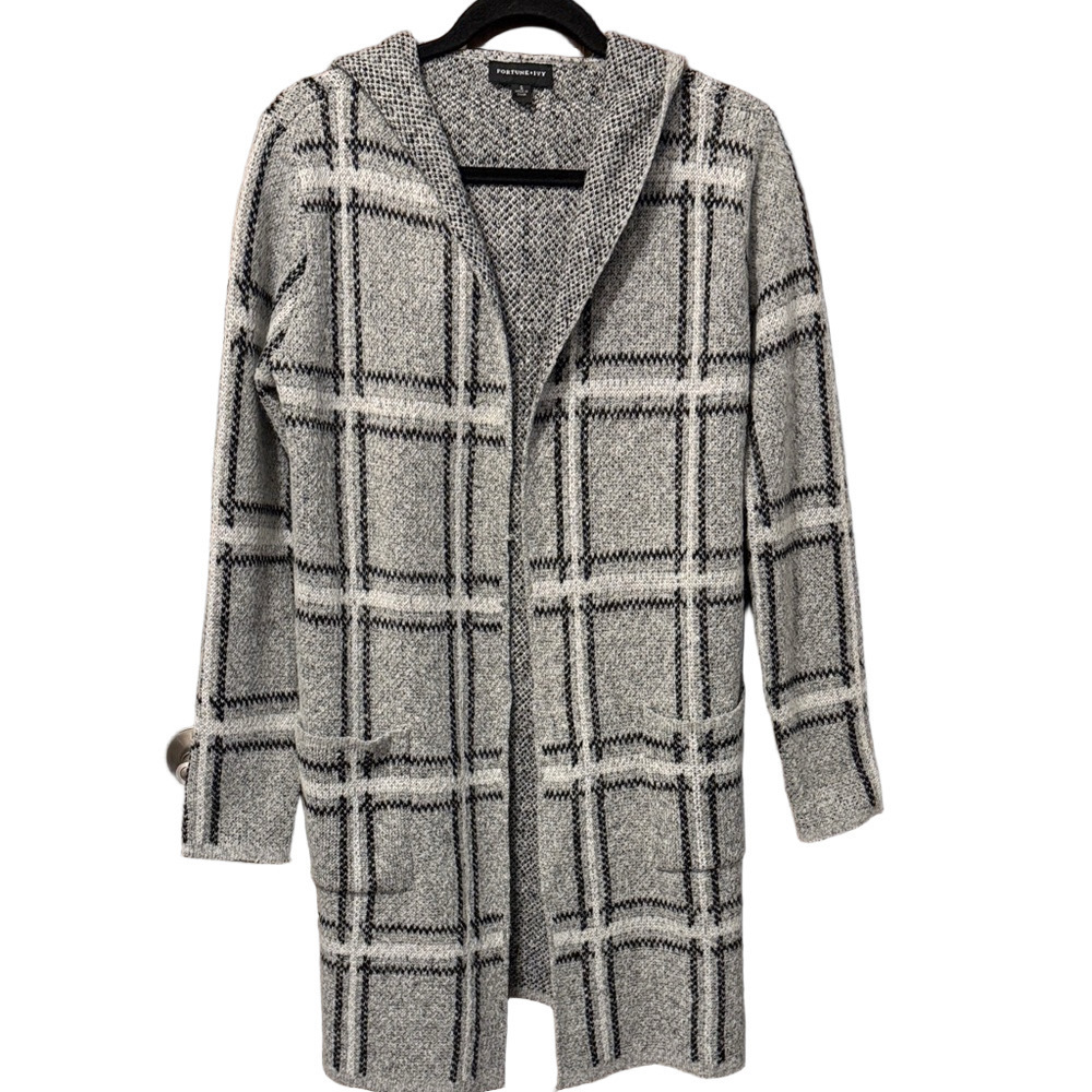 Fortune & Ivy Camille Gray Plaid Open Front Hooded Cardigan Sweater